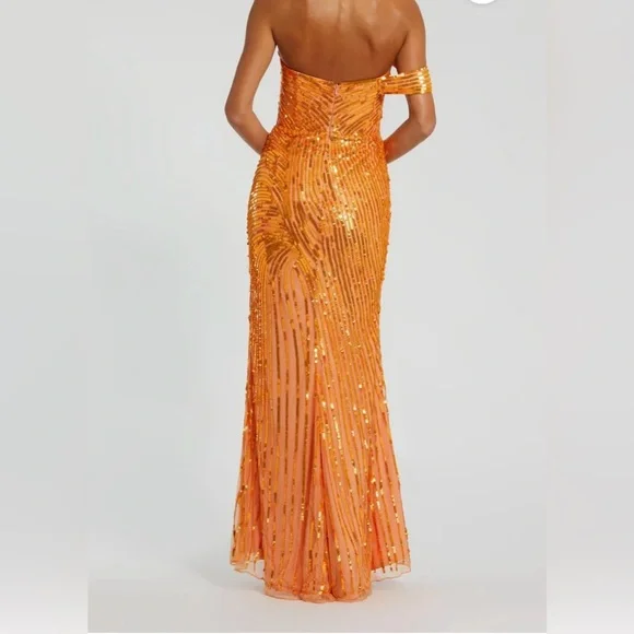 NWT Mac Duggal One Shoulder Mesh Sequin Gown w/Slit in Orange Crush Size 6 - Picture 3 of 8